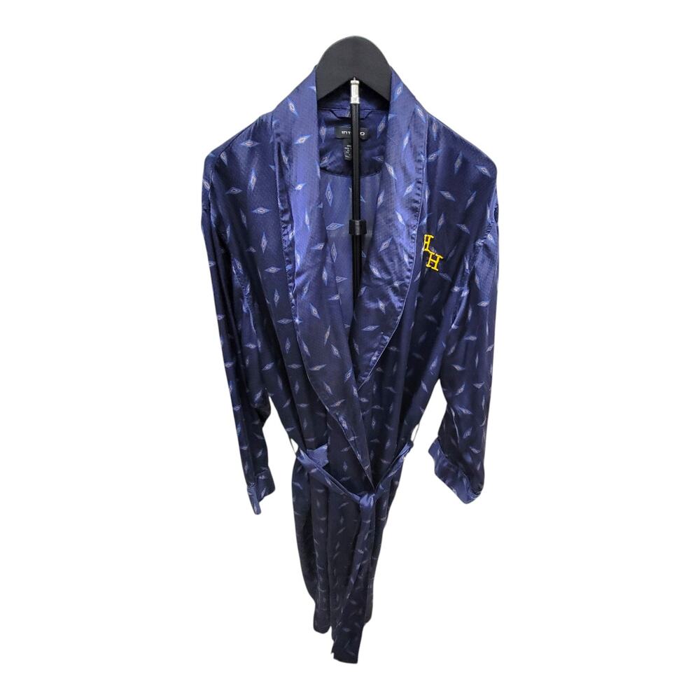 Intimo Mens Silk Robe Large Blue Geometric Pattern Monogram HH Tie Loungewear